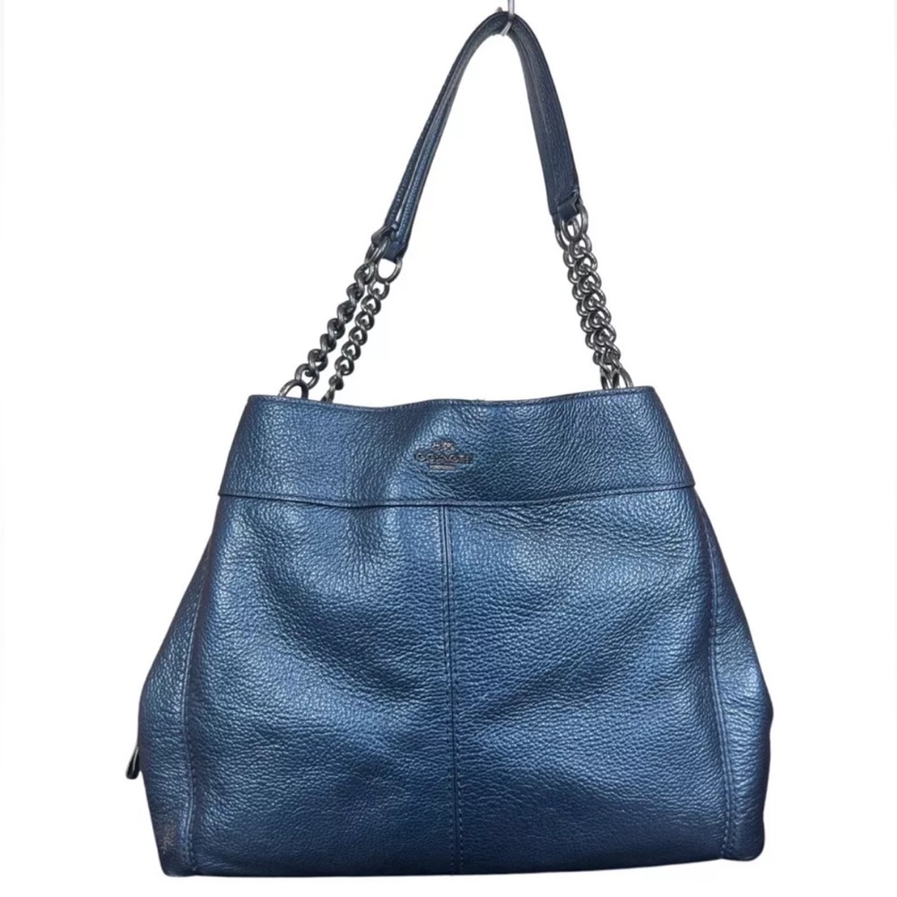 Coach Lexi Chain Shoulder Bag Metallic Navy Blue Leather Purse Handbag